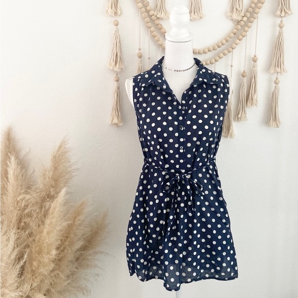 J. Crew Dresses & Skirts - J. Crew navy polka dot shirt dress sleeveless tunic cream blue tie waist medium